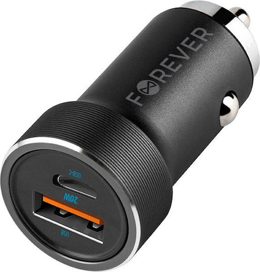 Forever Încărcător Auto 20W Cu Încărcare Rapidă Cu Porturi 1xUSB 1xType-C Împreună Cu Cablu Type-C Culoare Neagră