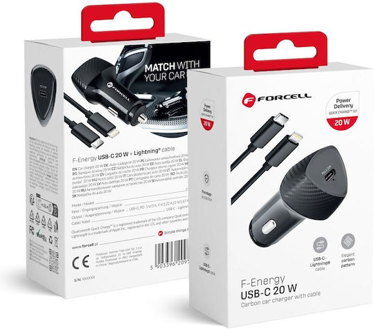 Forcell Handy-Autoladegerät 20W 3A mit einem Anschluss 1xType-C zusammen mit Kabel Lightning Schwarz Farbe