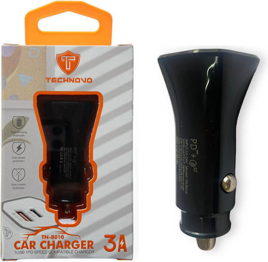 Auto Gs Car Charger 20W 3A with Ports: 1xUSB 1xType-C Black Color
