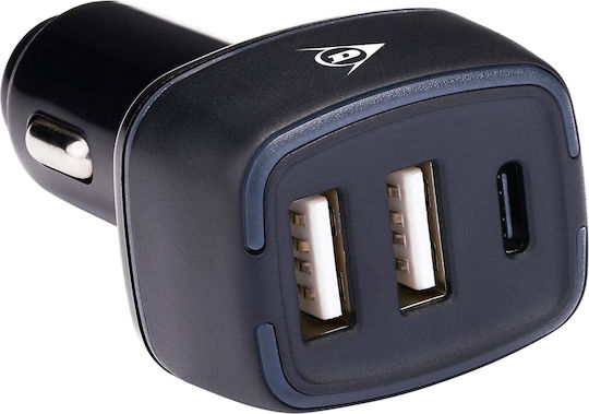 Dunlop Car Charger 18W with Ports: 2xUSB 1xType-C