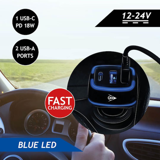 Dunlop Car Charger 18W with Ports: 2xUSB 1xType-C
