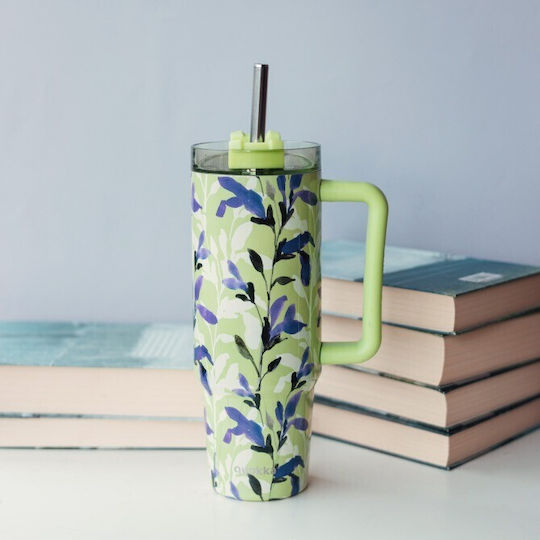 Quokka Handled Tumbler Θερμός Γυάλινο / Ανοξείδωτο BPA Free 950ml Matcha με Λαβή και Καλαμάκι