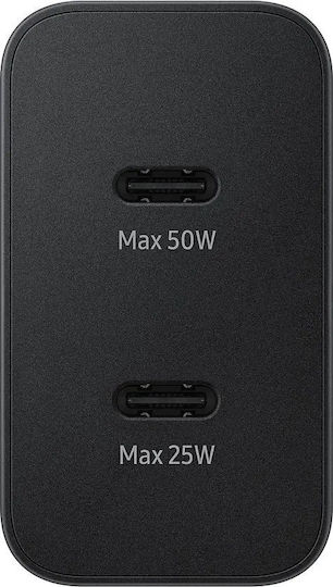 Samsung Φορτιστής με 2 Θύρες USB-C και Καλώδιο USB-C - USB-C 50W Power Delivery Μαύρος (EP-T5020X)