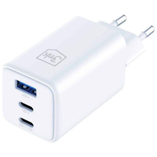 3MK Φορτιστής Χωρίς Καλώδιο GaN με Θύρα USB-A και 2 Θύρες USB-C 65W Power Delivery Λευκός (Hyper)