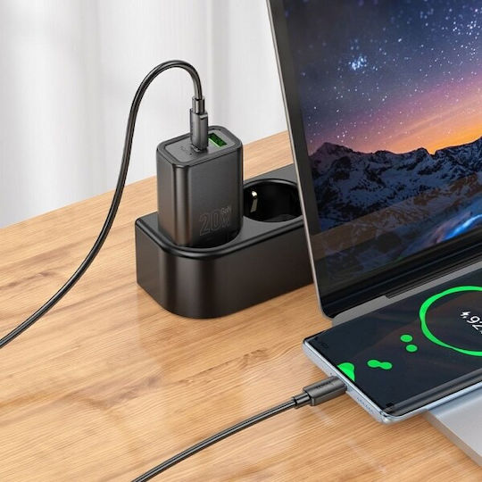 Hoco Φορτιστής με Θύρα USB-A και Θύρα USB-C και Καλώδιο USB-C - Lightning 20W Power Delivery / Quick Charge 3.0 Μαύρος (N61)