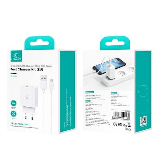 Usams Charger with USB-A Port and Cable USB-C 18W Quick Charge 3.0 Whites (SCXLTZ02)