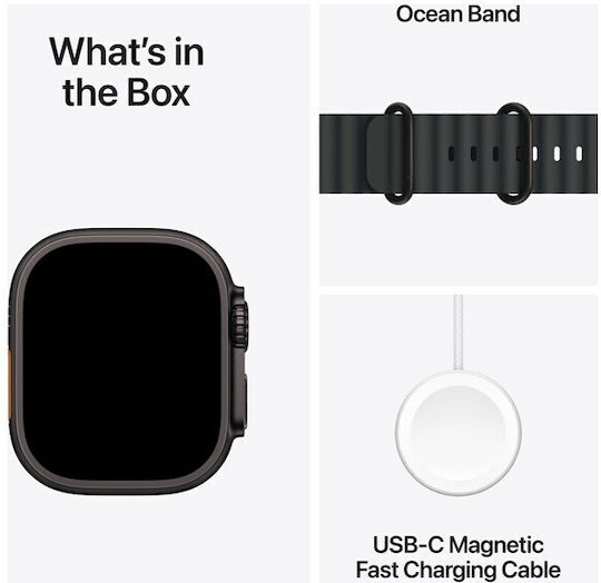 Apple Watch Ultra 2 2024 Titanium 49mm Αδιάβροχο με eSIM και Παλμογράφο (Black με Black Ocean Band)