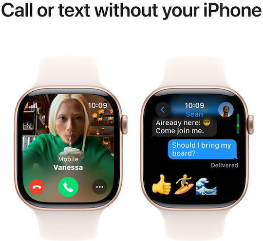 Apple Watch Series 10 Cellular Алуминиев 42мм Водоустойчив с eSIM и Пулсометър (Rose Gold с Light Blush Спортна Каишка - S/M)