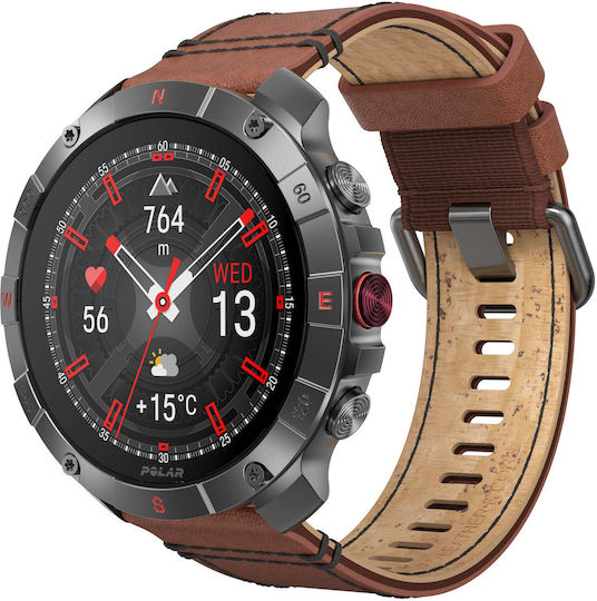 Polar Grit X2 Pro Titan Stainless Steel 49mm Waterproof Smartwatch with Heart Rate Monitor (Brown Leather Strap - M/L)