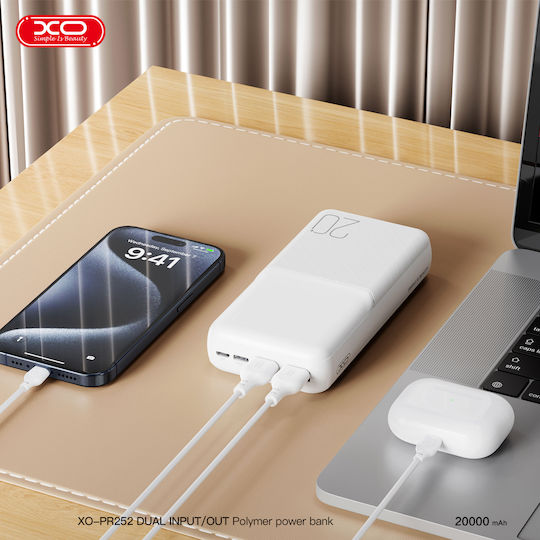XO PR252 Power Bank 20000mAh με 2 Θύρες USB-A Power Delivery / Quick Charge 2.0 Λευκό