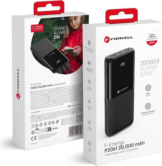 Forcell F-Energy P20k1 Power Bank 20000mAh 20W με 2 Θύρες USB-A και Θύρα USB-C Power Delivery / Quick Charge 3.0 Μαύρο