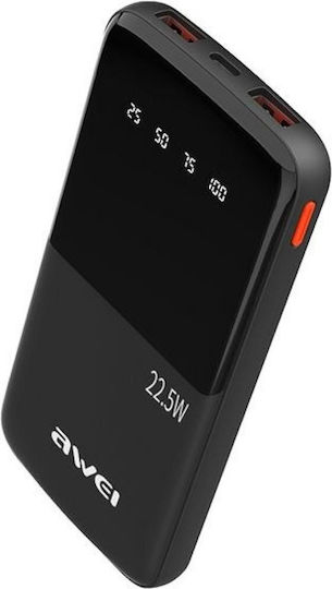 Awei P10K Power Bank 10000mAh 22.5W with 2 USB-A Ports and USB-C Port Black