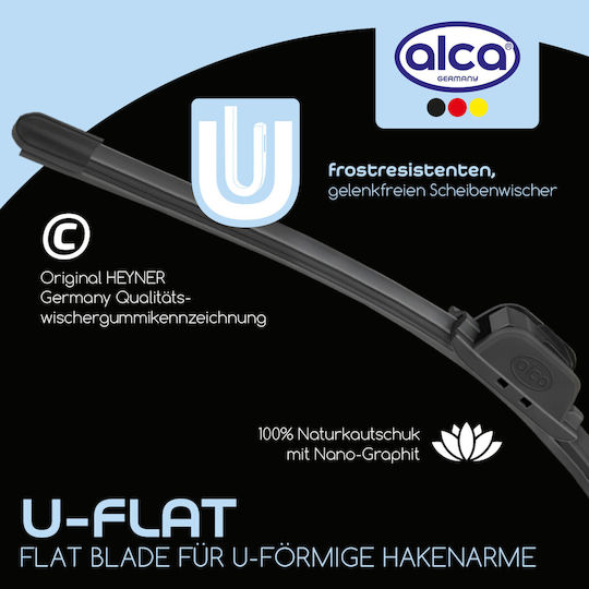 Ștergător parbriz Alca U-flat 650 mm cu braț cârlig, cu spoiler și cauciuc ștergător nano-acoperit