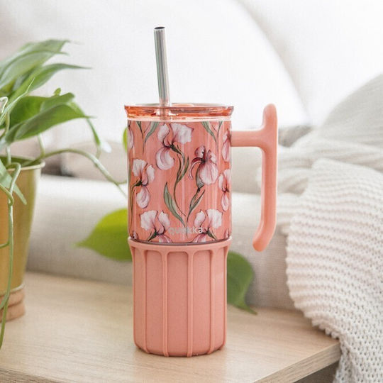 Quokka Glass Thermos Stainless Steel BPA Free 720ml Floral Coral with Straw