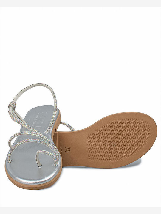 Leather Women's Flat Sandals in Silver Color