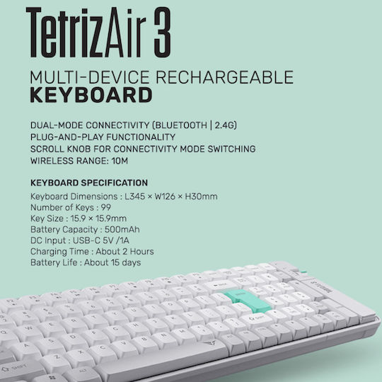 Alcatroz TETRIZ AIR 3 Ασύρματο Bluetooth Πληκτρολόγιο Αγγλικό US SUMMER WHITE