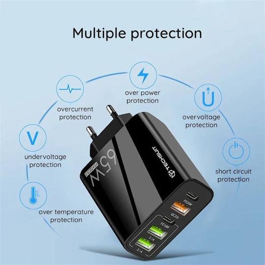 Techsuit Ladegerät mit 3 USB-A Anschlüsse und 2 USB-C Anschlüsse und Kabel USB-C - USB-C 20W Stromlieferung / Schnellaufladung 3.0 Schwarzs (CHC2)
