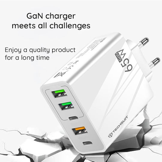 Techsuit Ladegerät mit 3 USB-A Anschlüsse und 2 USB-C Anschlüsse und Kabel USB-C - USB-C 20W Stromlieferung / Schnellaufladung 3.0 Weißs (CHC2)