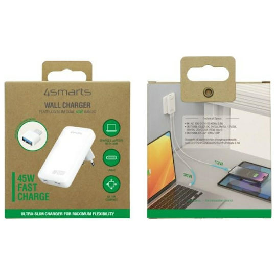 4Smarts Φορτιστής Χωρίς Καλώδιο GaN με 2 Θύρες USB-A 45W Power Delivery Λευκός (FlatPlug Slim)