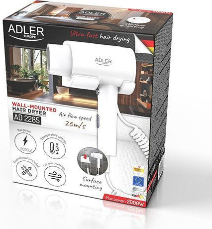 Adler White Hotel Hair Dryer 2kW with Spiral Cable up to 168cm