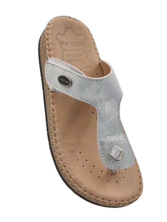 Leather Women's Flat Sandals in Silver Color