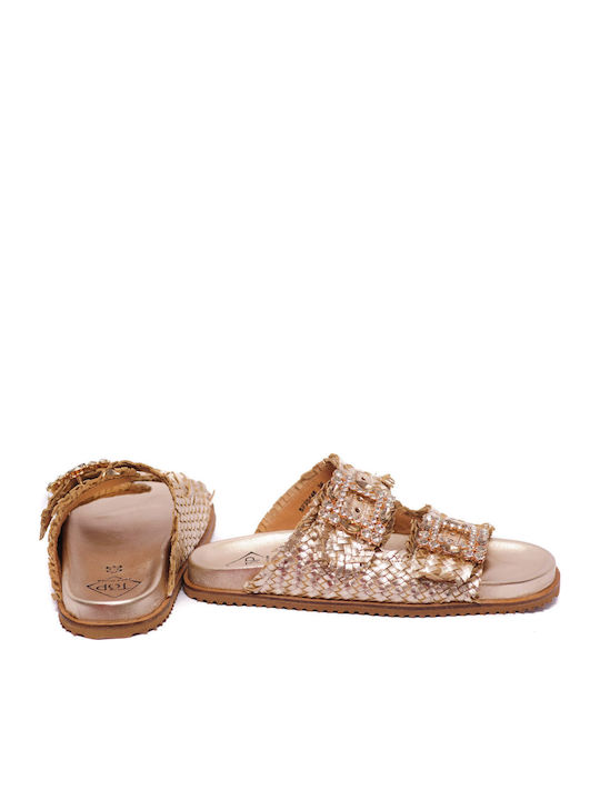 Leather Women's Flat Sandals in Gold Color