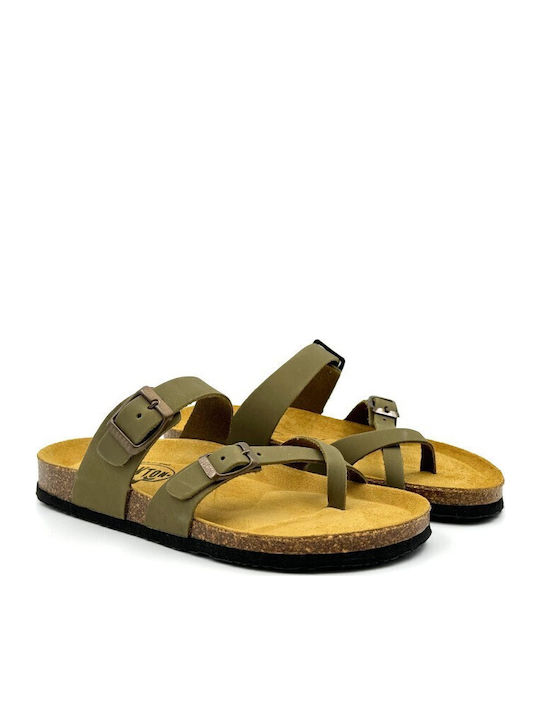 Leather Women's Flat Sandals Nobuck Kaki