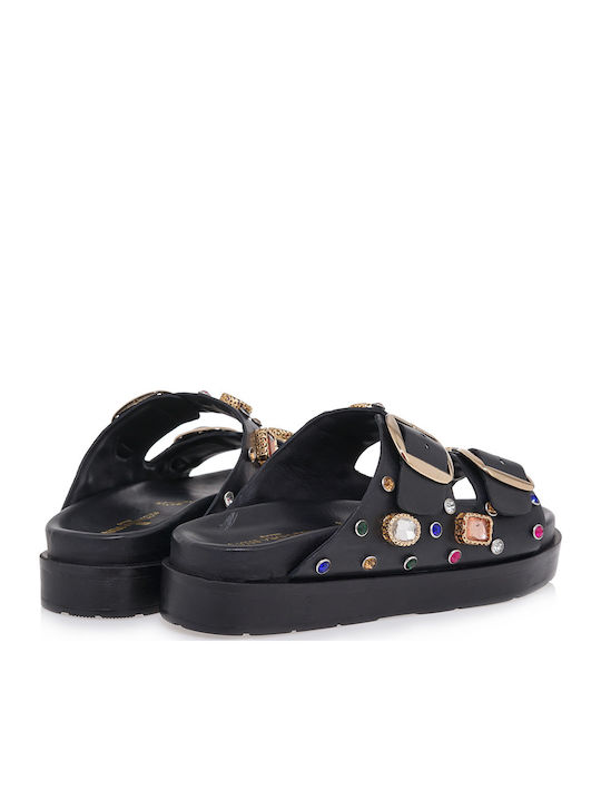 Leather Women's Flat Sandals in Black Color