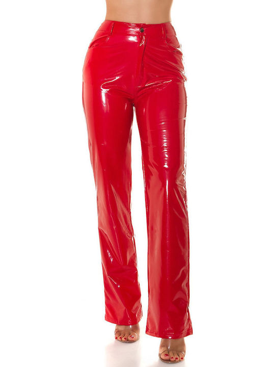 Women's High-waisted Fabric Trousers Straight Line Red