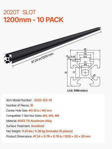 Vevor 10 Pieces 47.2" 1200mm T Slot 2020 Anodized Aluminum Rail 2020oblxc10jw14u9001v0