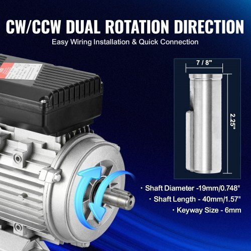 Vevor Μονοφασικός Ηλεκτροκινητήρας 1hp Μέγιστων Στροφών 1400rpm