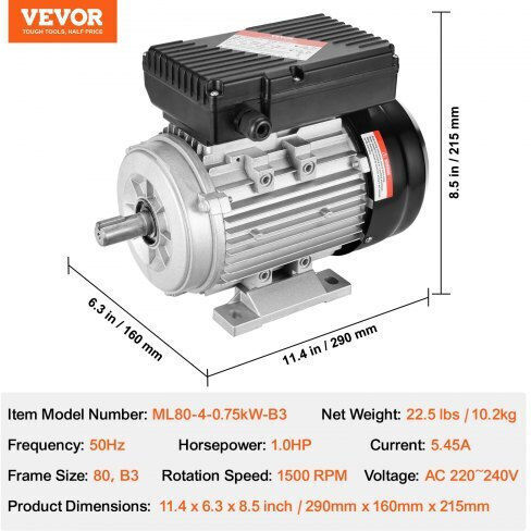 Vevor Μονοφασικός Ηλεκτροκινητήρας 1hp Μέγιστων Στροφών 1400rpm