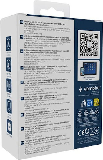Gembird GaN с 2 USB-A порта и 2 USB-C порта 65W Power Delivery / Quick Charge 3.0 Черен (TA-UC-2A2C-PD65-01-BK)