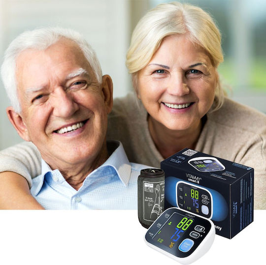 Tensiometru electronic de braț Vitammy Smart 8 măsurare în timpul umflării manșetei detectare aritmie afișaj color memorie 2 utilizatori x 60 rezultate dimensiune manșetă 22-42 cm negru
