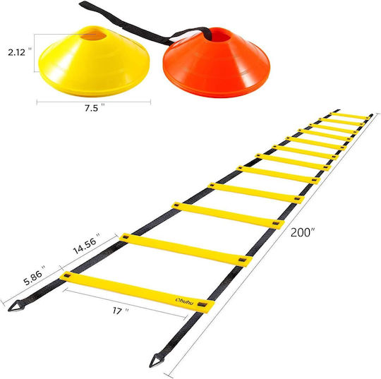 Set de Antrenament Ohuhu Scară de Agilitate 12 Trepte 12 Conuri 4 Țevi de Oțel Lungime 6 M Manual de Instrucțiuni Geantă de Transport