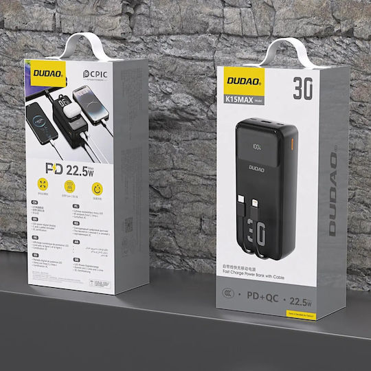 Dudao K15Max Power Bank 30000mAh 22.5W με Θύρα USB-A και Θύρα USB-C Power Delivery / Quick Charge Μαύρο