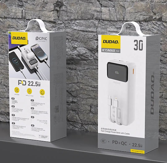 Dudao K15Max Power Bank 30000mAh 22.5W with USB-A Port and USB-C Port Power Delivery White
