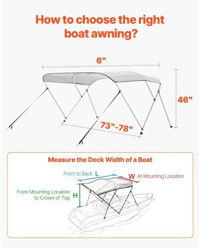 Vevor 3 Bimini Top Bootsverdeck 72" L x 73"-78" B x 46" H Verdeckzelt Hellgrau