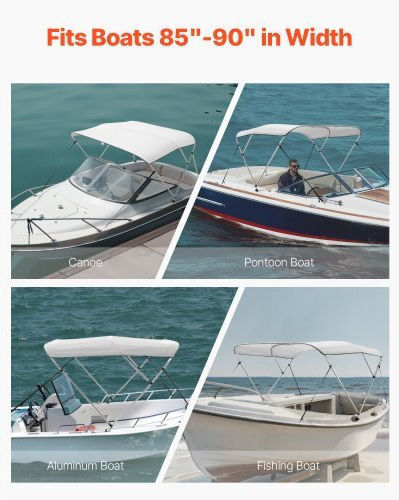 Vevor Copertină Bimini pentru Barcă cu 3 Arcuri 72"l x 85"-90"w x 46"h Deschis Gri