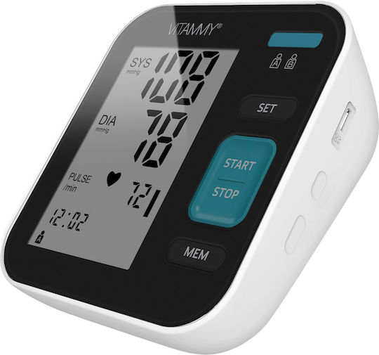 Tensiometru electronic de braț Vitammy Next 5 Basic, port USB, detectare aritmie, detectare mișcare corporală, manșetă 22-40 cm, negru alb