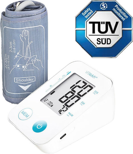 Vitammy Next Basic Tensiometru Electronic de Braț Port USB Măsurare în Timpul Umflării Manșetei Detectare Aritmie Detectare Mișcare Corporală Memorie 2 Utilizatori Dimensiune Manșetă 22-40 Cm Alb