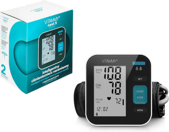 Tensiometru electronic de braț Vitammy Next 5 Basic, port USB, detectare aritmie, detectare mișcare corporală, manșetă 22-40 cm, negru alb
