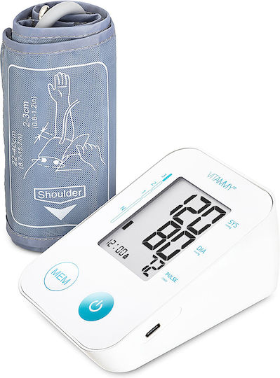 Vitammy Next Basic Tensiometru Electronic de Braț Port USB Măsurare în Timpul Umflării Manșetei Detectare Aritmie Detectare Mișcare Corporală Memorie 2 Utilizatori Dimensiune Manșetă 22-40 Cm Alb