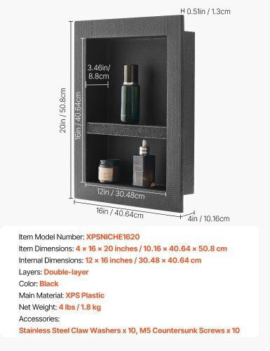 Vevor An der Wand montiert Badezimmerregal Kunststoff 40.6x50.8x10.2cm Schwarz