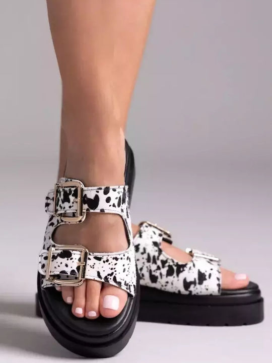 Leather Women's Flat Sandals Flatforms Black/White