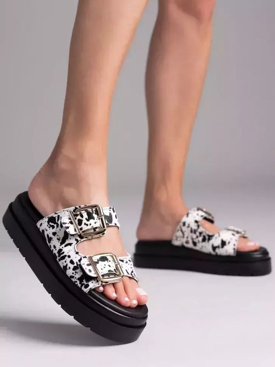 Leather Women's Flat Sandals Flatforms Black/White
