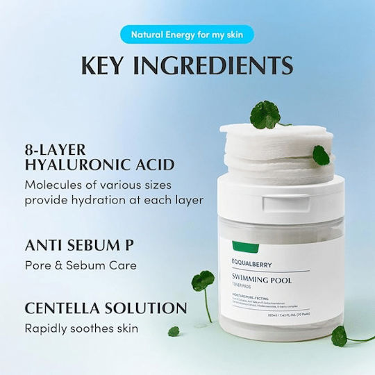 Eqqualberry Swimming Pool Facial Toning Pads With Centella Asiatica Panthenol And Hyaluronic Acid 70 Pieces