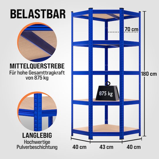 Monzana Raft Colț Dexion Galvanizat 70x40x180cm Cu 5 Rafturi Rezistență Totală 875kg