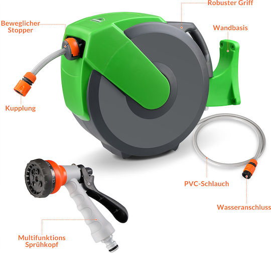 Tambur pentru furtun auto-retractabil Gardebruk 20 + 2 M Furtun de grădină Montare pe perete cu pivotare la 180 de grade Pistol de pulverizare 7-în-1 Conectori Gri Verde