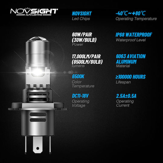 NovSight Λάμπες Αυτοκινήτου & Μοτοσυκλέτας H4 LED 6500K Ψυχρό Λευκό 12V 60W 2τμχ
